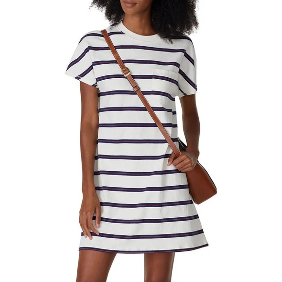 Madewell Dresses & Skirts - Madewell White Tomboy Pocket T-Shirt Cotton Mini Dress Blue Red Striped Size XS